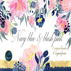 浪漫海军蓝粉色花卉水彩剪贴画合集 Navy blue and blush pink flowers