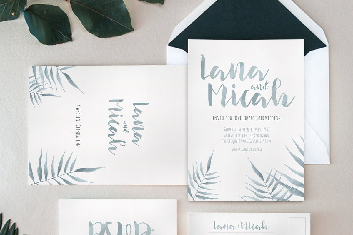 水彩叶子婚礼请柬套装模板 Watercolor Foliage Wedding Invitation