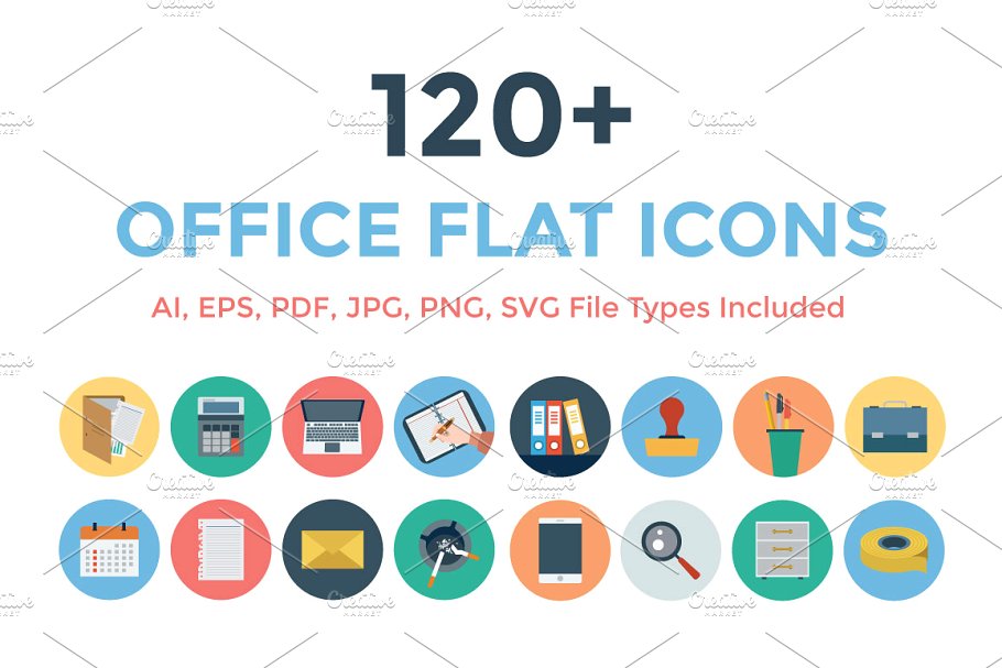 120+扁平化办公室办公用具图标 120+ Office Flat Icons