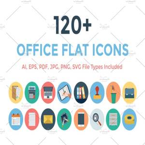 120+扁平化办公室办公用具图标 120+ Office Flat Icons