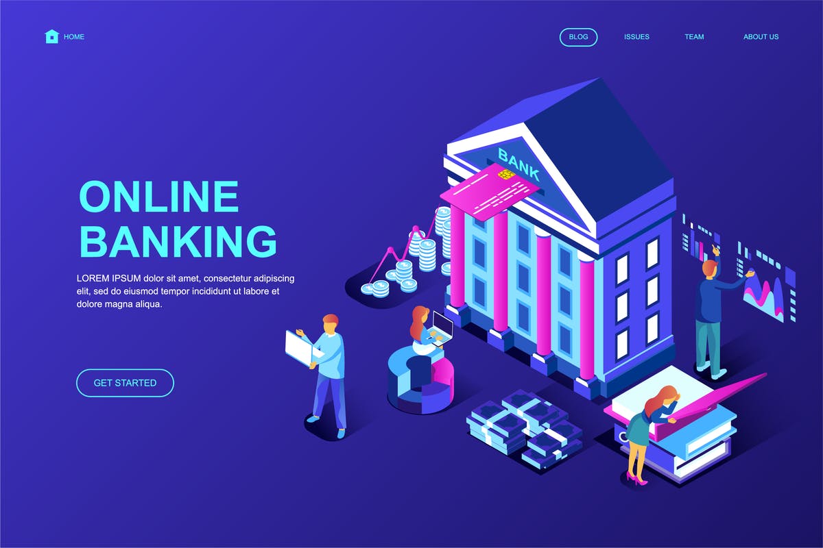 网上银行等距概念插画网站着陆页设计模板 Online Banking Isometric Landing Page Template