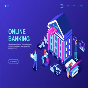 网上银行等距概念插画网站着陆页设计模板 Online Banking Isometric Landing Page Template