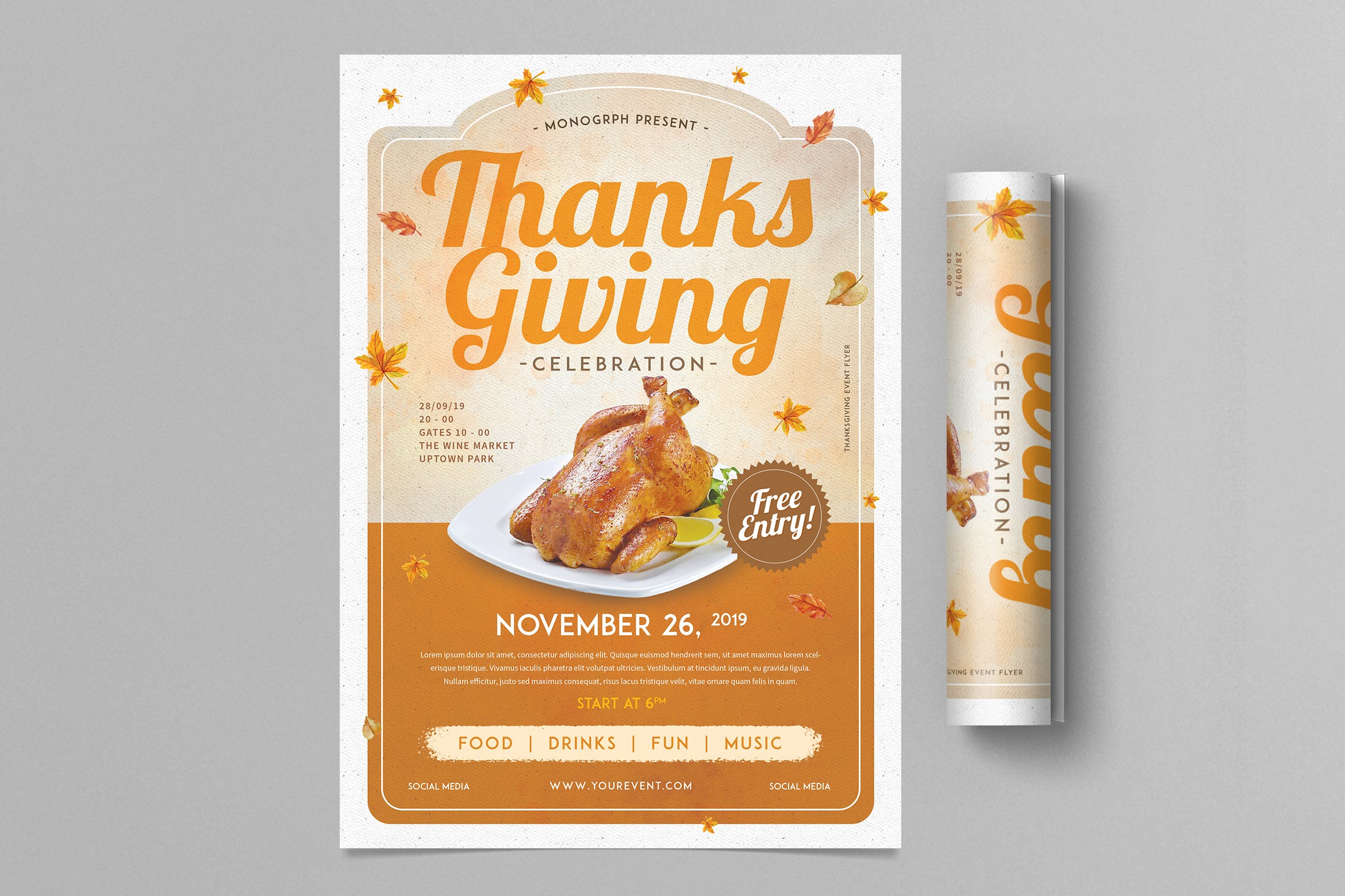餐厅感恩节主题餐饮活动海报传单模板 Thanksgiving Flyer