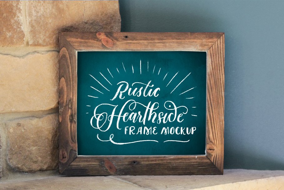 西式壁炉画框样机木板 8×10 Rustic Hearthside Frame Mockup