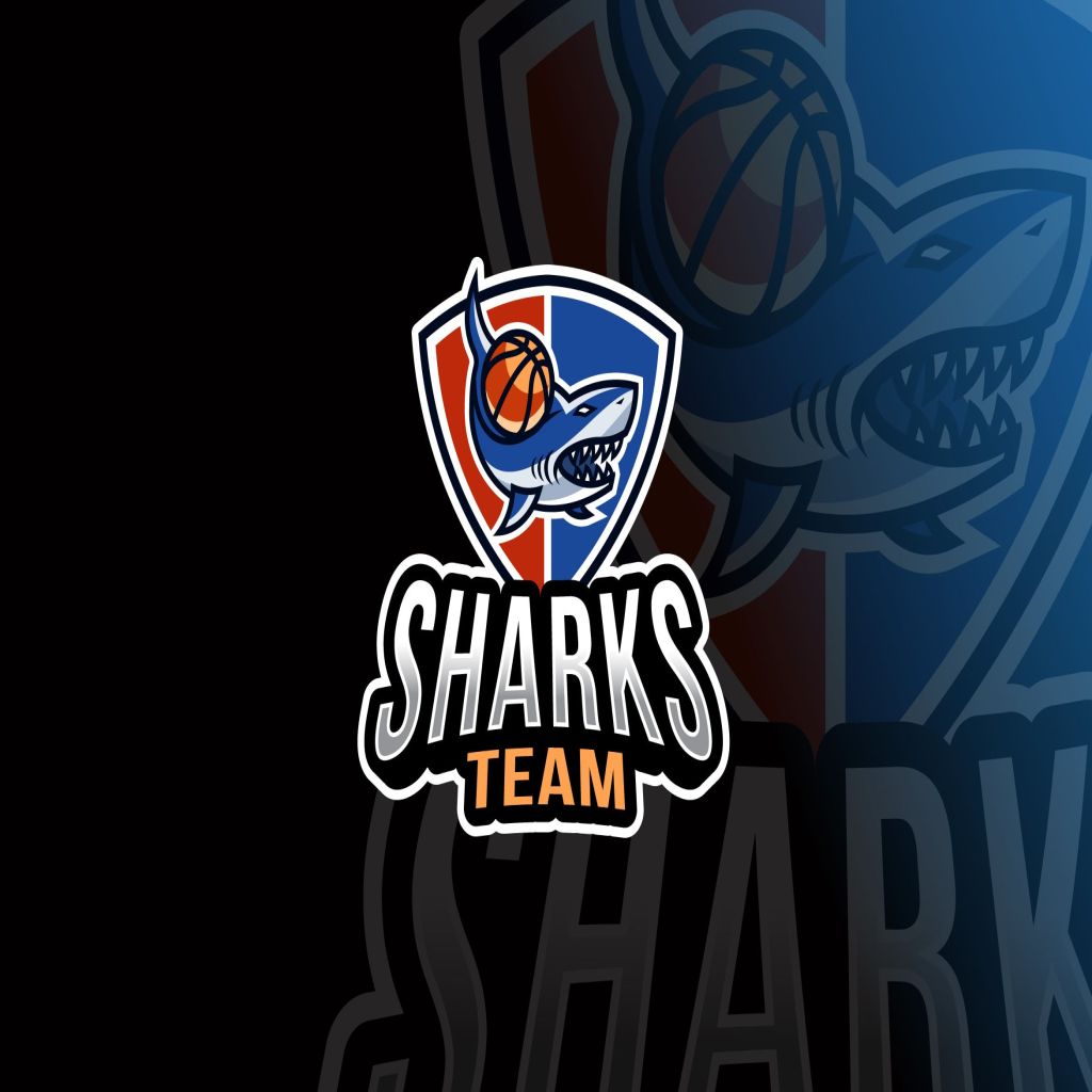 鲨鱼卡通形象篮球队队徽Logo设计模板 Sharks Basketball Logo Template插图