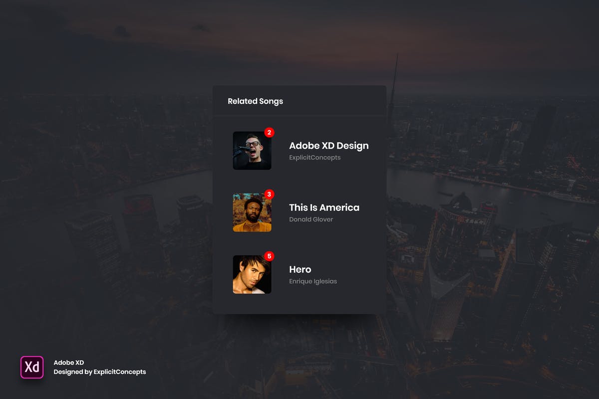 相关歌曲小部件窗口网站设计模板 Related Songs Widget – Adobe XD