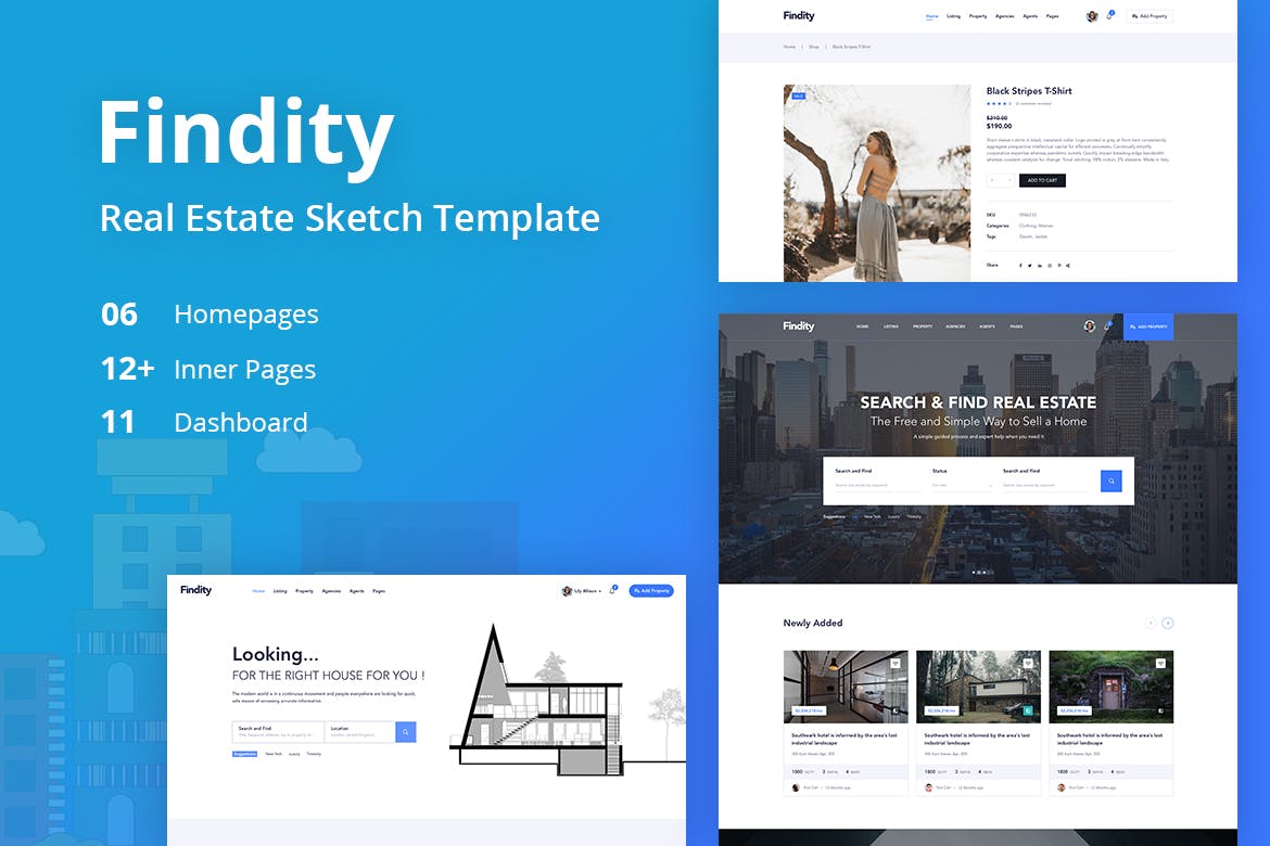 房地产销售租赁中介网站界面设计SKETCH模板 Findity – Real Estate Template