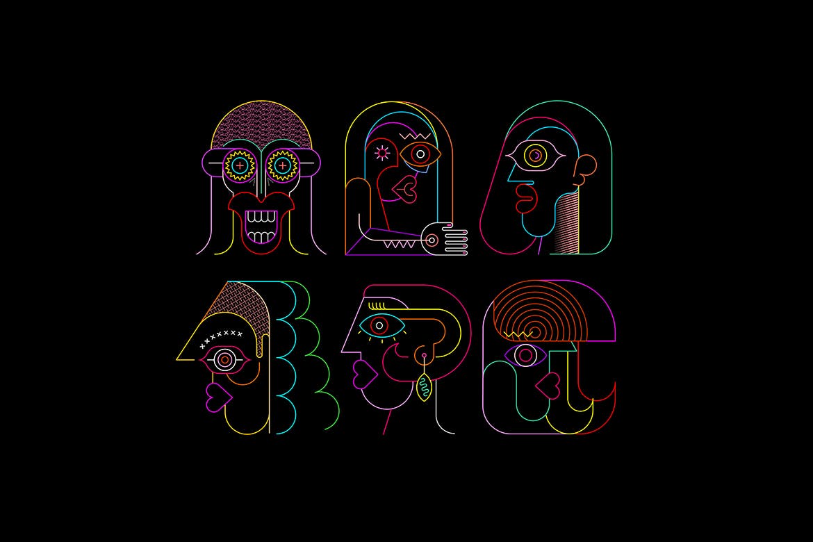 六幅霓虹灯肖像线条艺术矢量插画 Six Portraits Neon and 2 Line Art Options