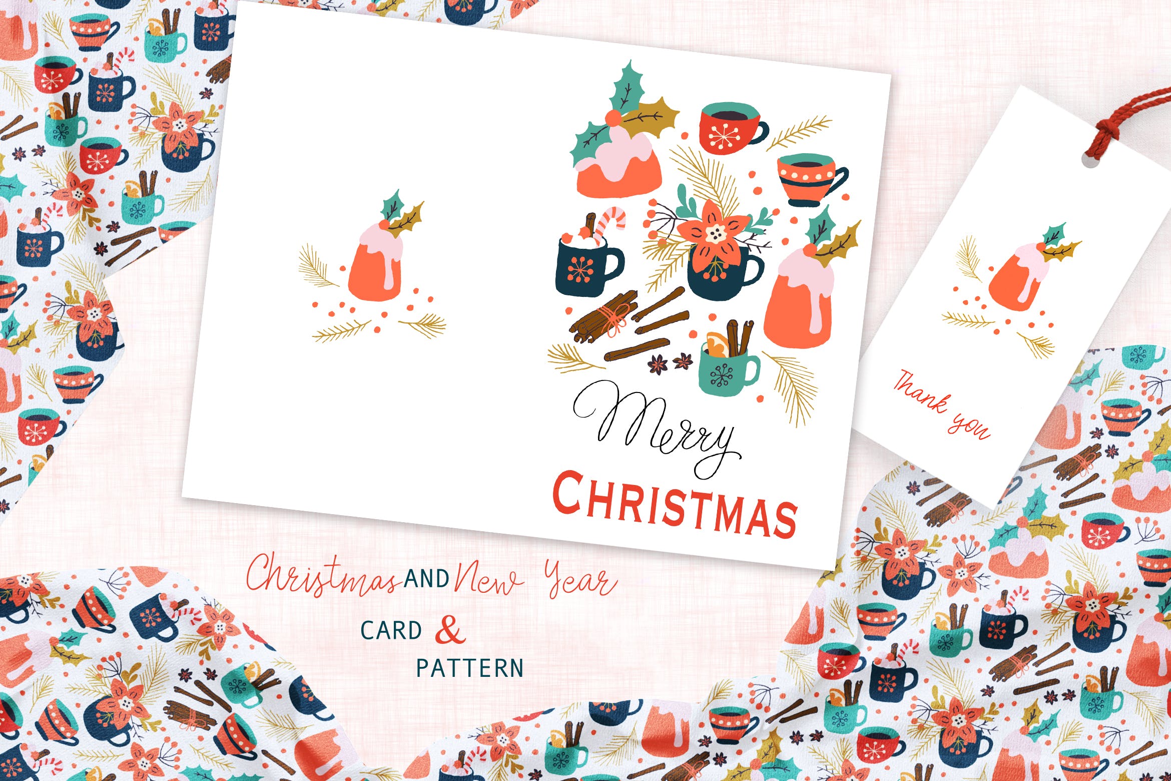 圣诞饮品手绘图案背景素材/贺卡设计模板 Spicy Christmas Greeting Card and Pattern