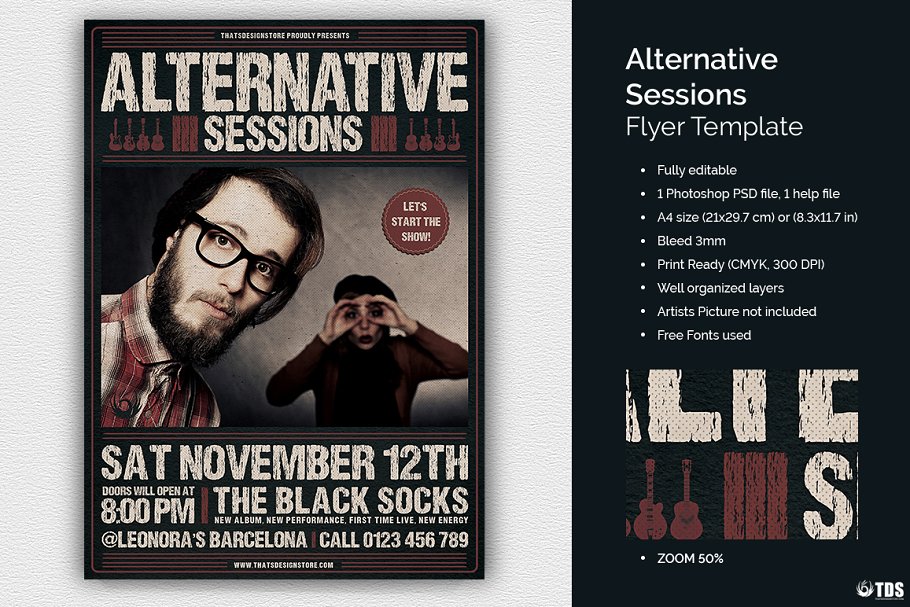 音乐吉他演奏会PSD传单模板 Alternative Sessions Flyer PSD