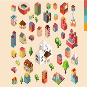 多彩等距城市场景矢量插画v2 Colorful vector isometric city