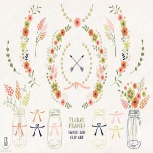 花框、插花&花水彩插画元素 Floral frames, mason jars, flowers
