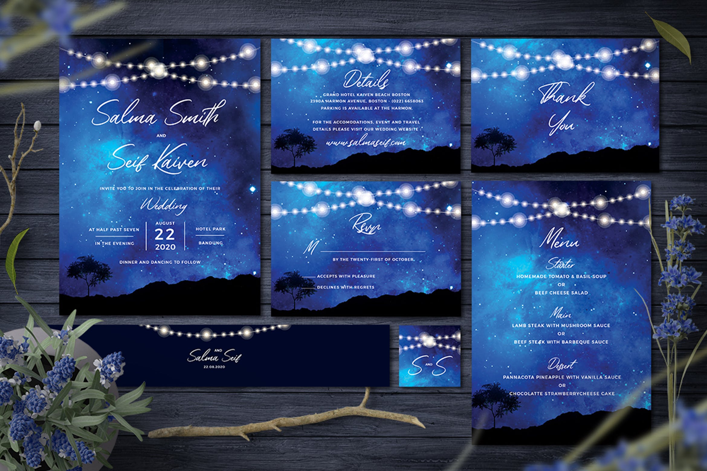 水彩星空背景设计风格婚礼邀请函设计模板 Night Wedding Invitation