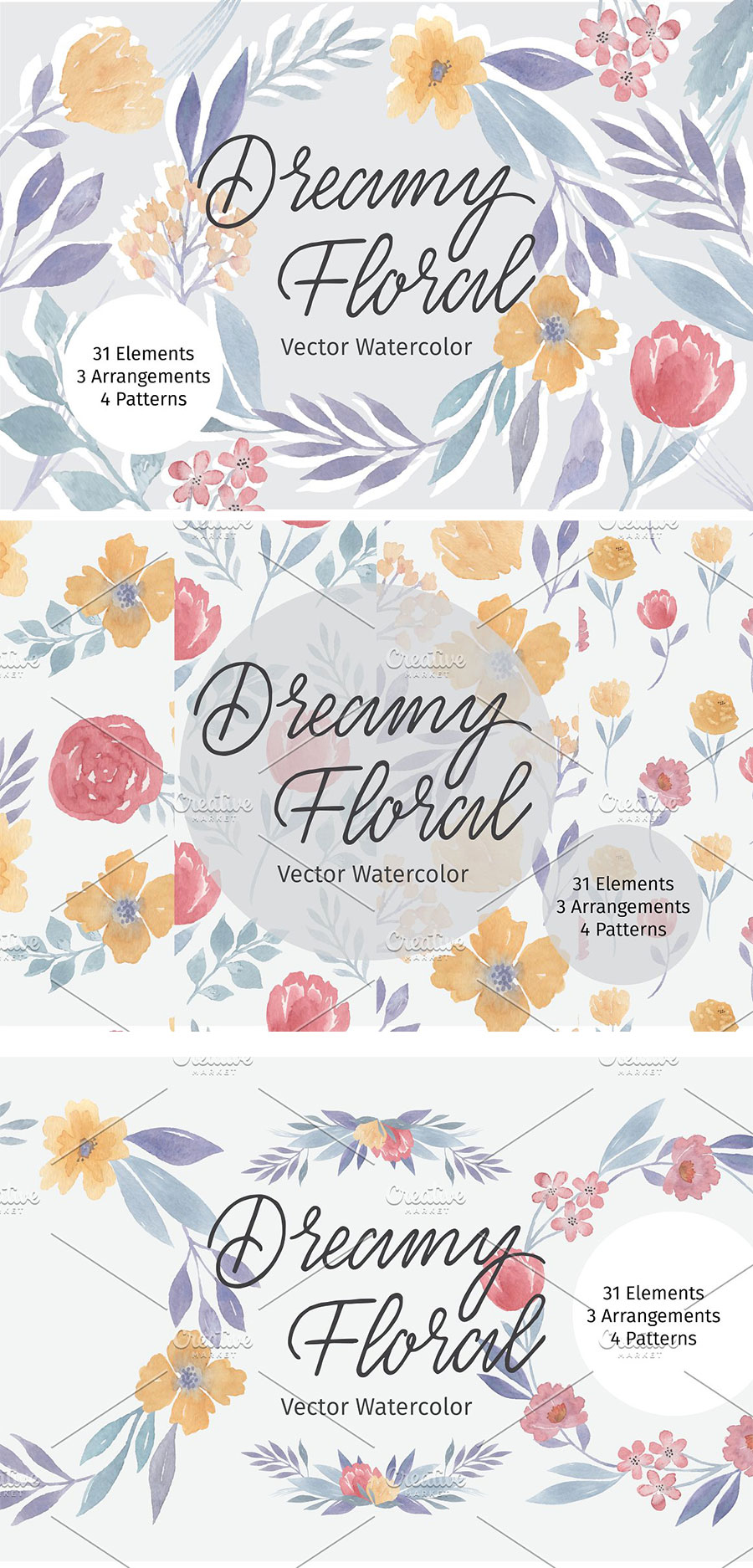 美丽的水彩感觉的花卉矢量图形包下载[AI]