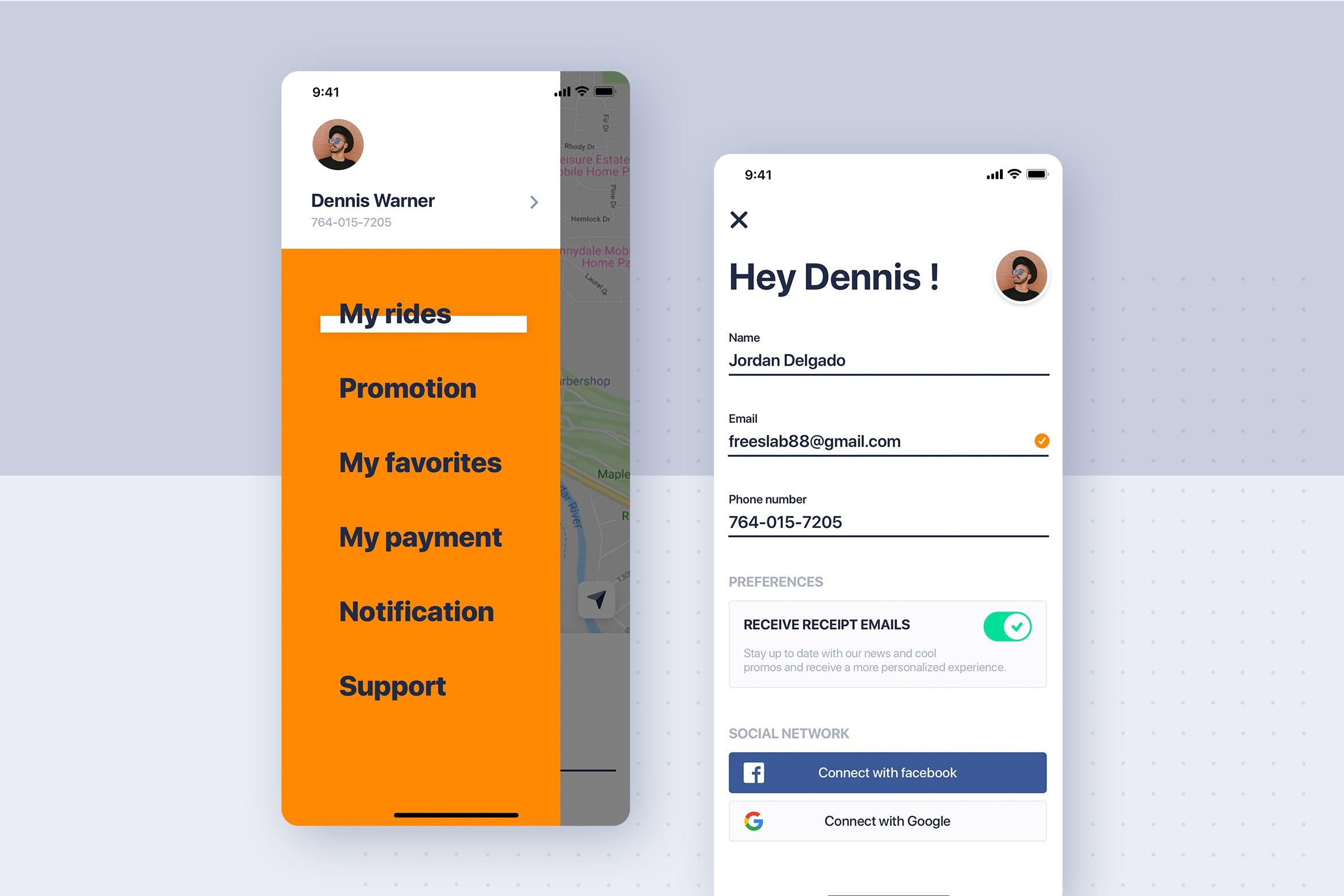 类滴滴打车APP应用用户中心及菜单界面设计模板 Car rental mobile UI Kit – My profile & menu