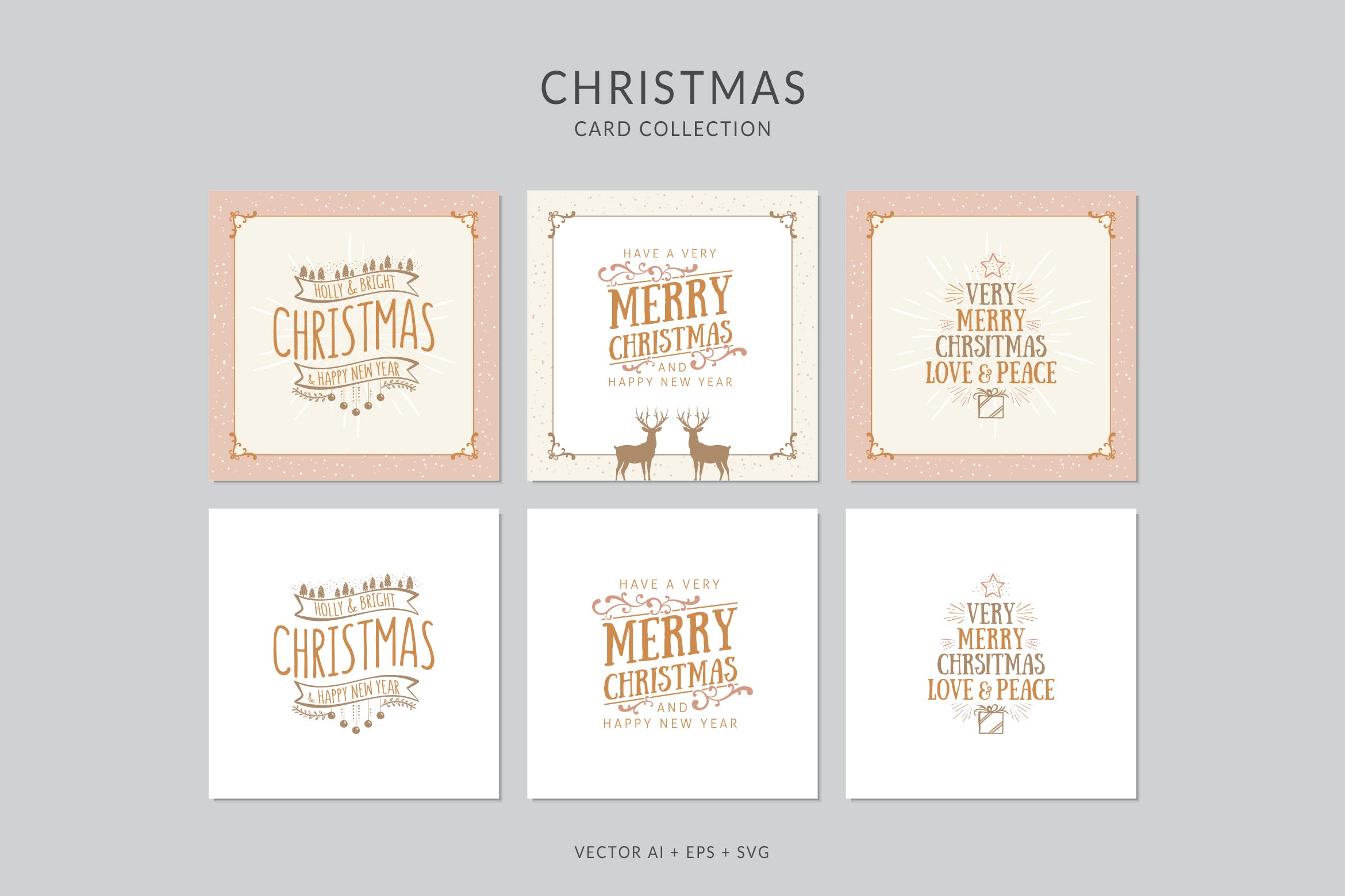 复古设计风格圣诞节贺卡矢量设计模板集 Christmas Greeting Card Vector Set