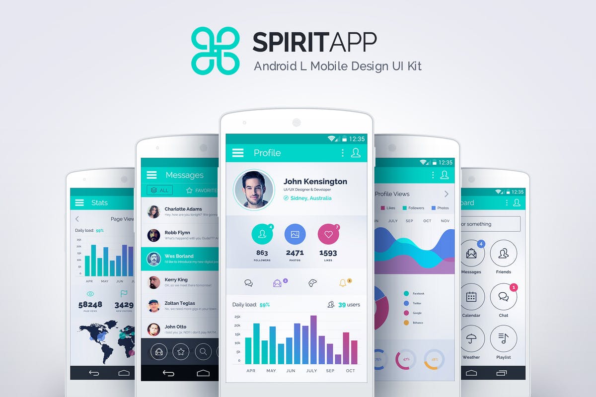 社交媒体主题基础APP应用UI套件 SpiritApp White – Android Mobile Design UI Kit