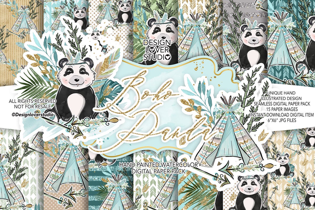 波西米亚风格熊猫无缝图案设计素材 Boho Panda digital paper pack