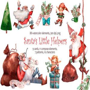 圣诞老人的小帮手水彩插画素材