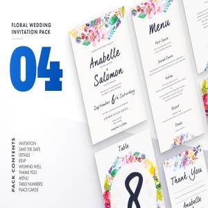 手绘水彩花卉婚礼邀请设计模板集v4 Floral Wedding Invitation Set Vol.4