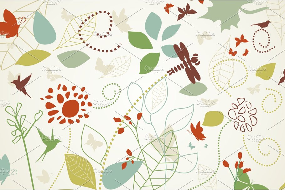 花开鸟飞蝶舞的插画背景  Flower a background