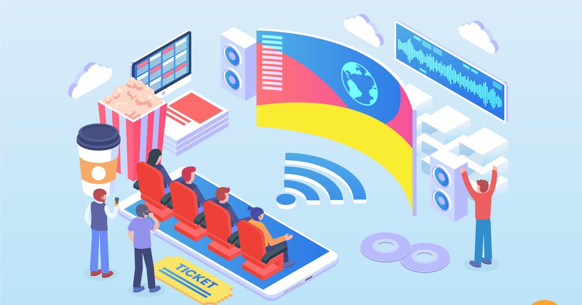 在线影院2.5D概念插画素材 Isometric Online Cinema Vector Concept
