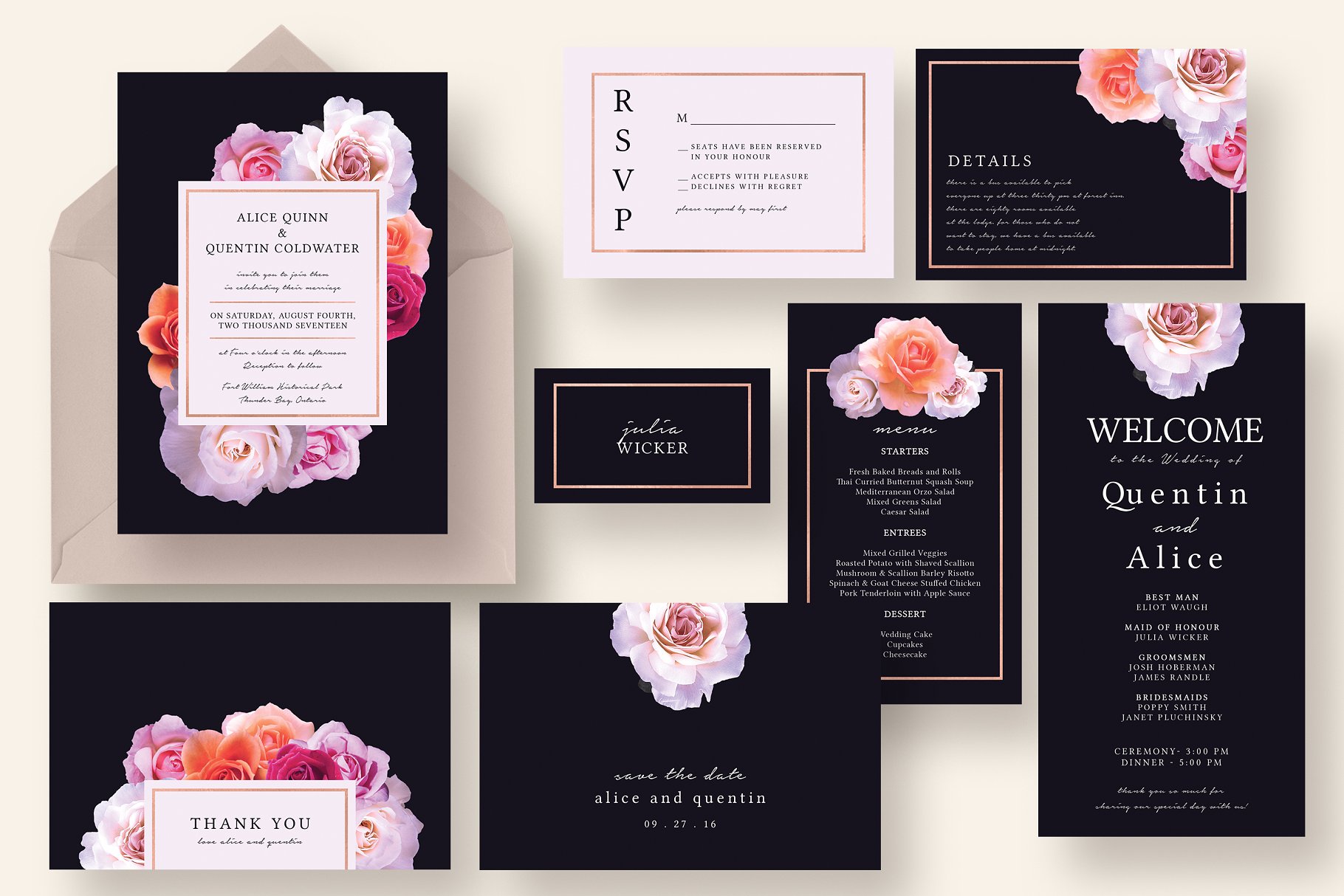 时尚暗色背景花卉婚礼请柬模板套装 Stylish Dark Floral Wedding Suite