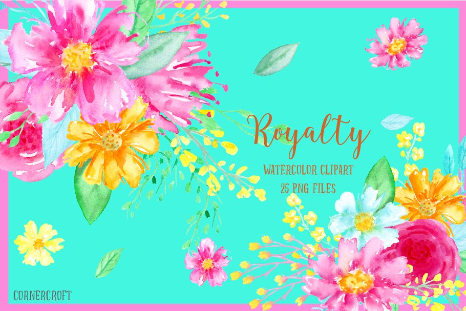 充满活力的手绘五彩浆果花卉剪贴画 Watercolor Clipart Royalty