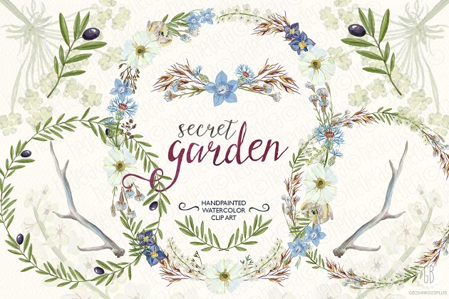 橄榄枝&野花花环水彩插画 Watercolor wildflowers wreaths olive