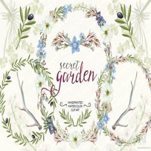 橄榄枝&野花花环水彩插画 Watercolor wildflowers wreaths olive