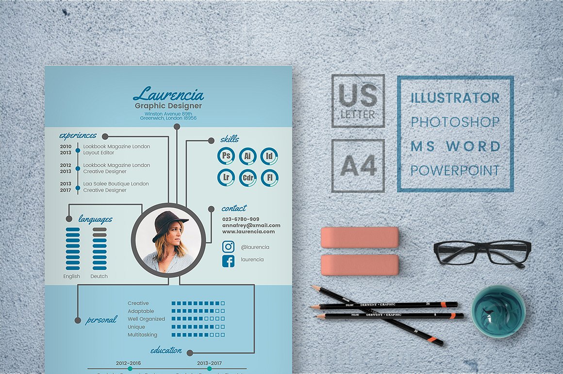 优雅的淡蓝色个人简历设计模板