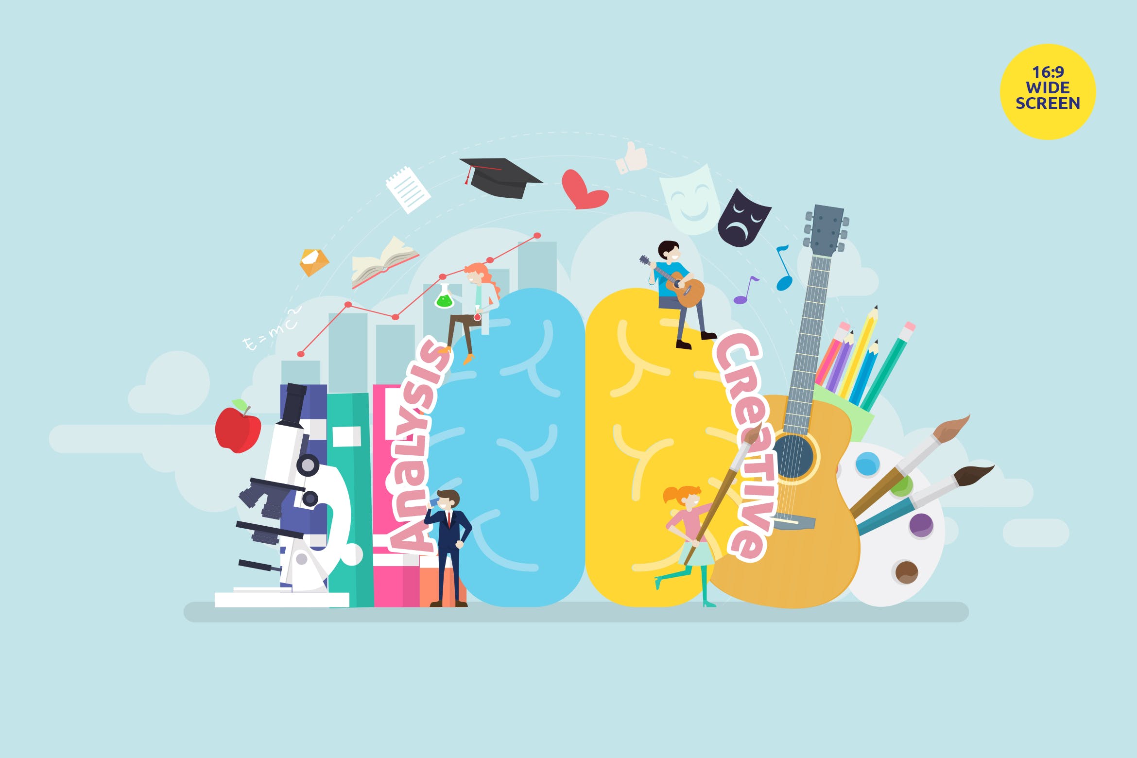 大脑逻辑分析与创造性主题矢量概念插画 Logic Brain Analysis and Creative Solution Vector