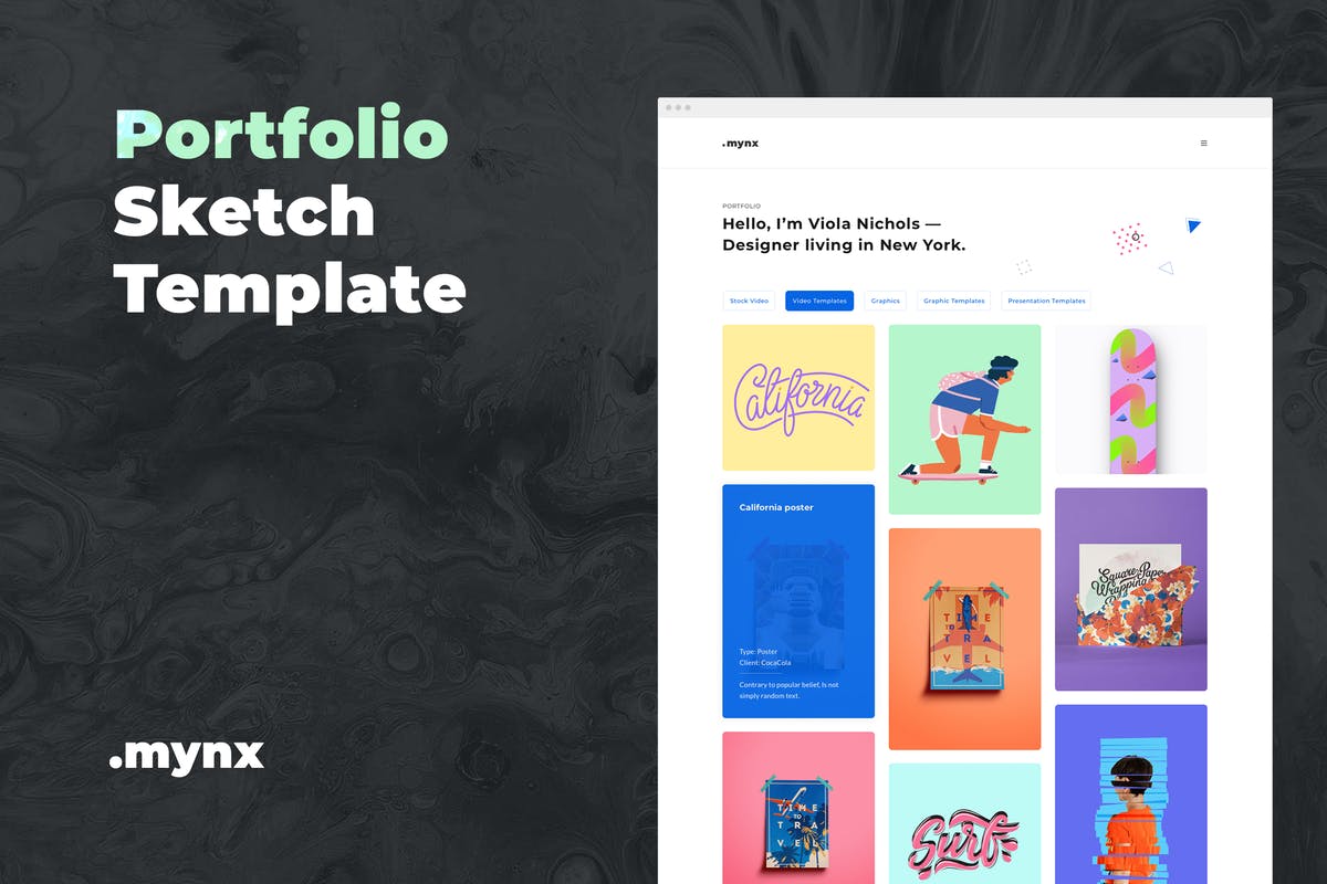 创意设计作品展示网站Sketch设计模板 Portfolio Sketch Template – Mynx