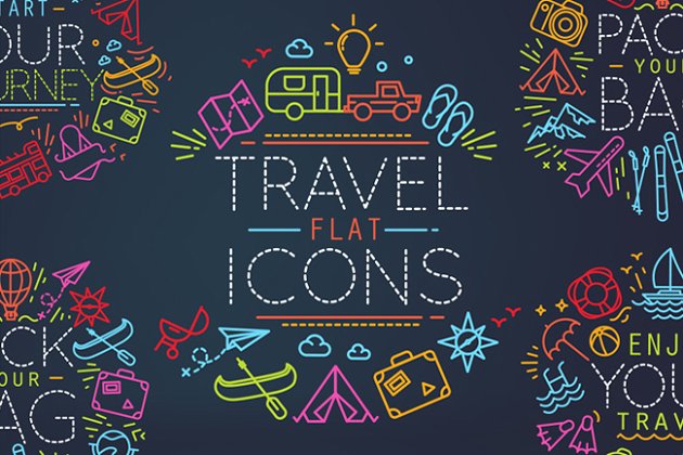 旅行主题线条图标集 Travel flat icons
