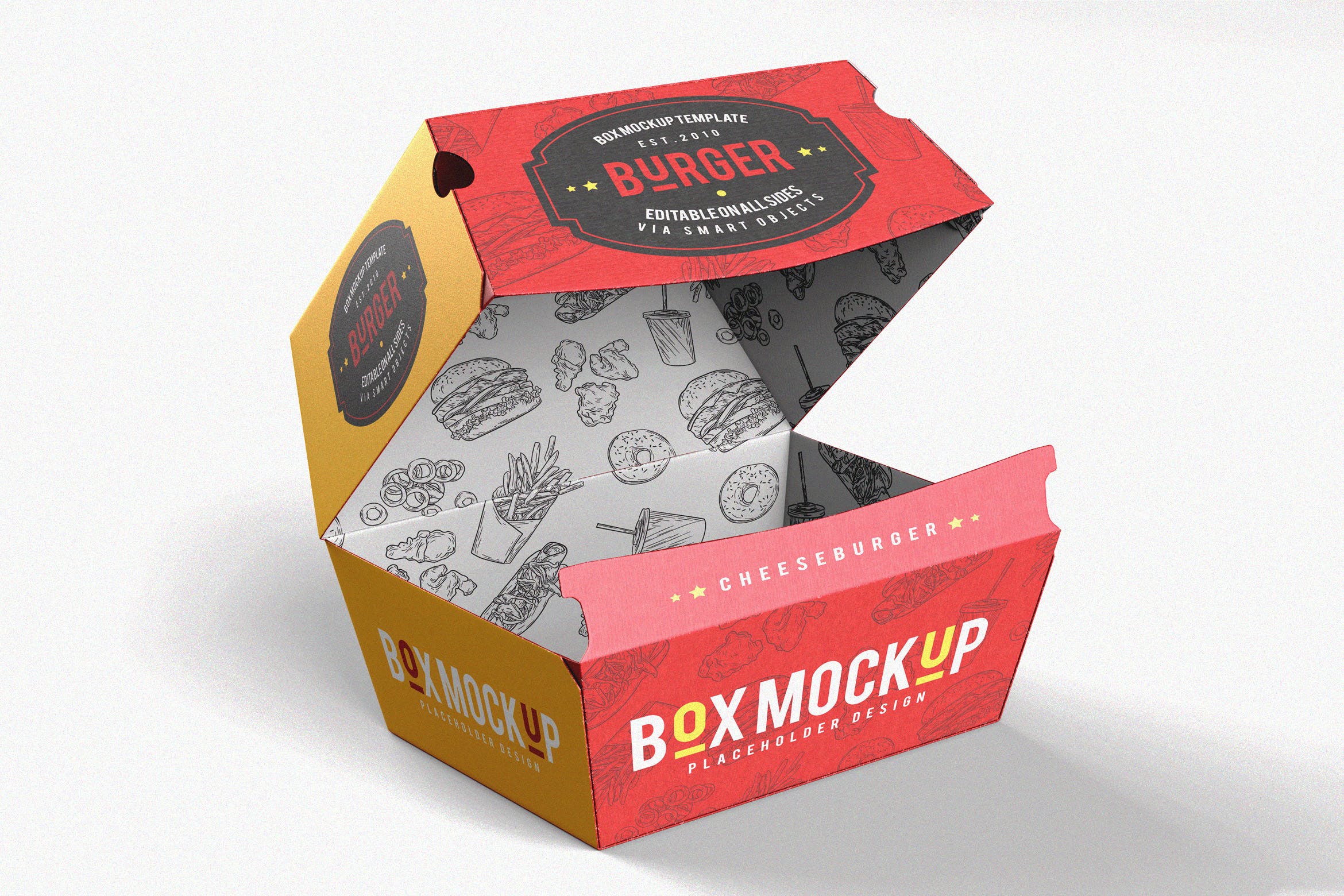 汉堡盒外卖外带包装设计样机模板 Takeaway Packaging Hamburger Box Mock-Up