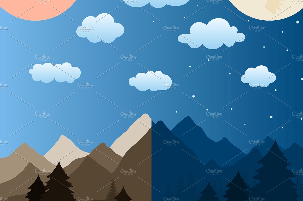 白天黑夜两种风格山景矢量图形 Mountains