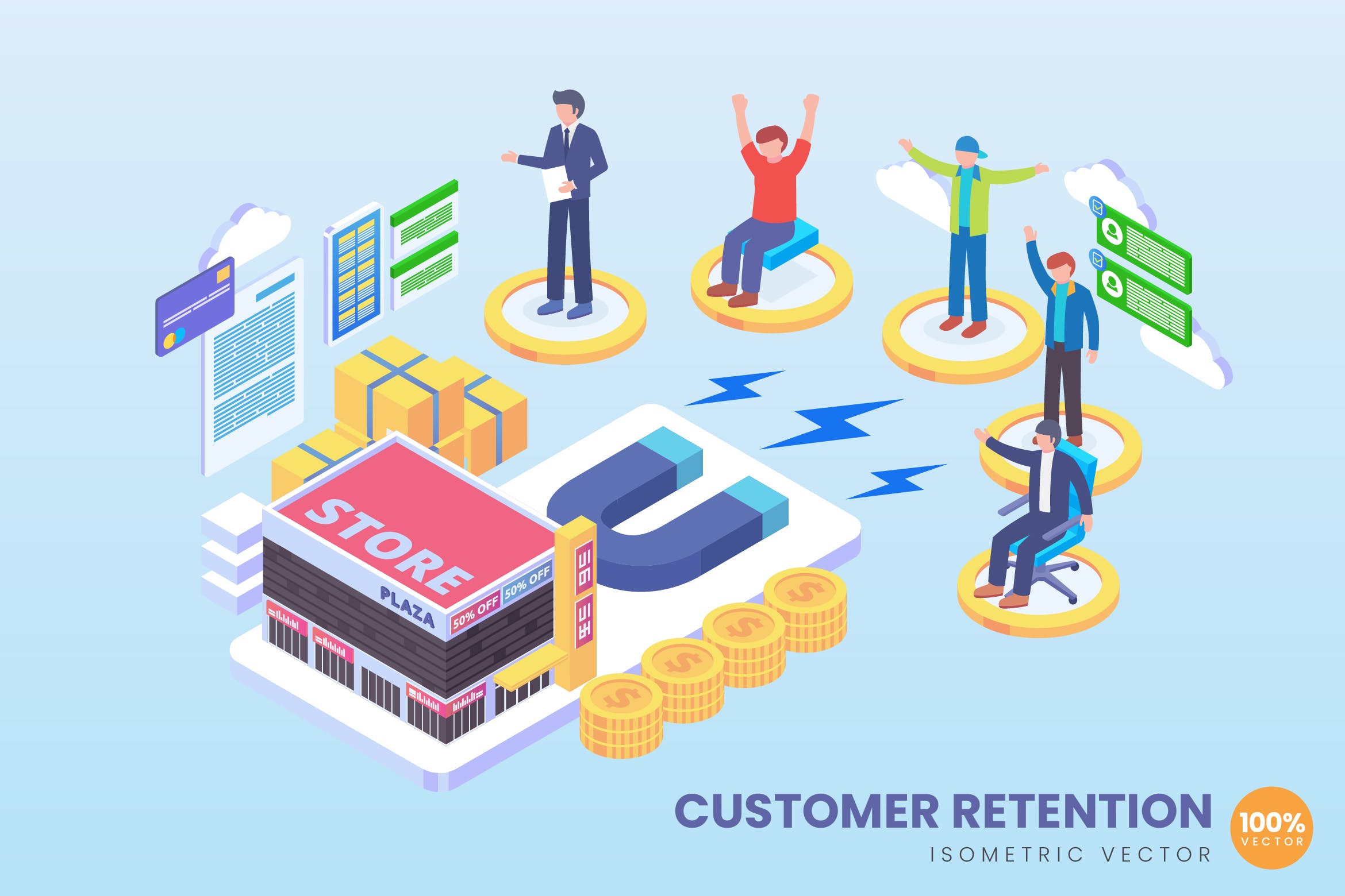 店铺顾客服务主题2.5D矢量等距概念插画 Isometric Customer Retention Vector Concept