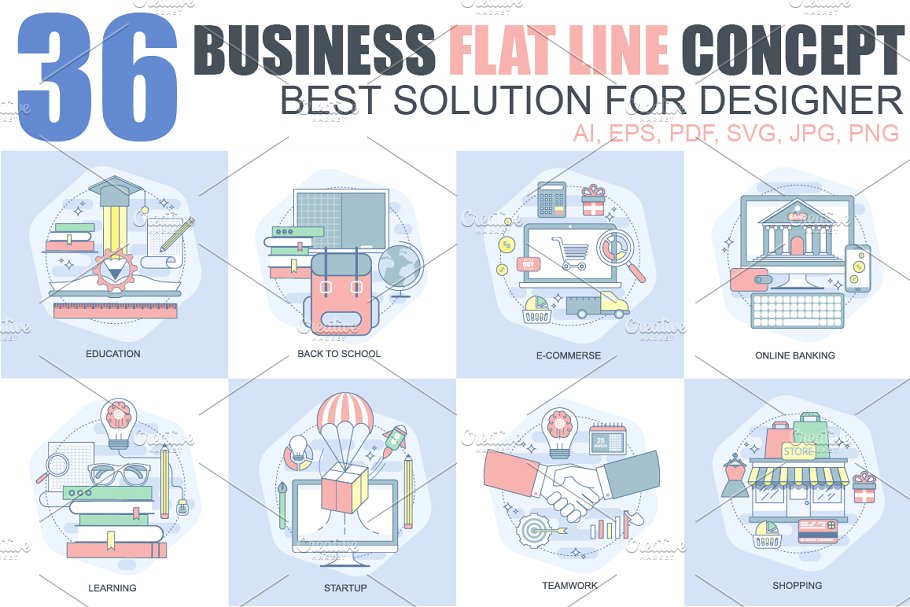 36款扁平设计风格线条概念插画 Flat Line Concepts