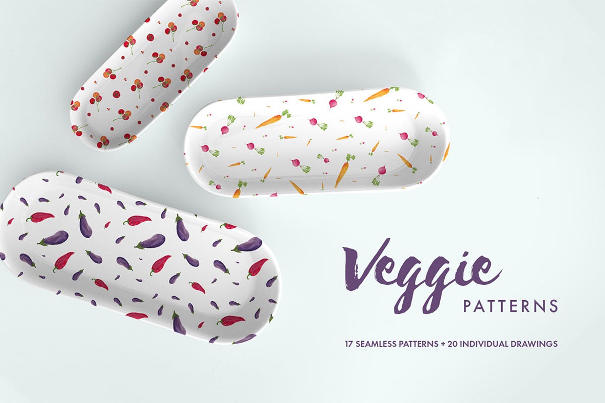 水彩手绘素食无缝图案合集 Watercolor Veggie Patterns