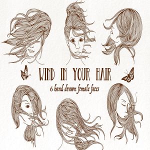 6个长发飘飘女子脸蛋头像矢量手绘图案素材 Wind in Your Hair – Hand drawn Girls’ Faces