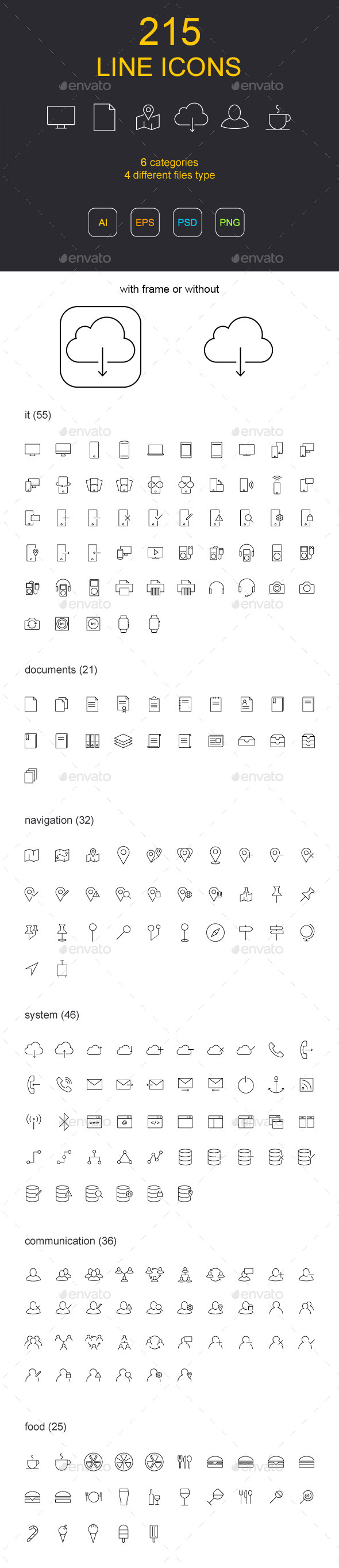 线框图标素材包 215 Line Icons（PSD, EPS, AI, JPG&PNG）