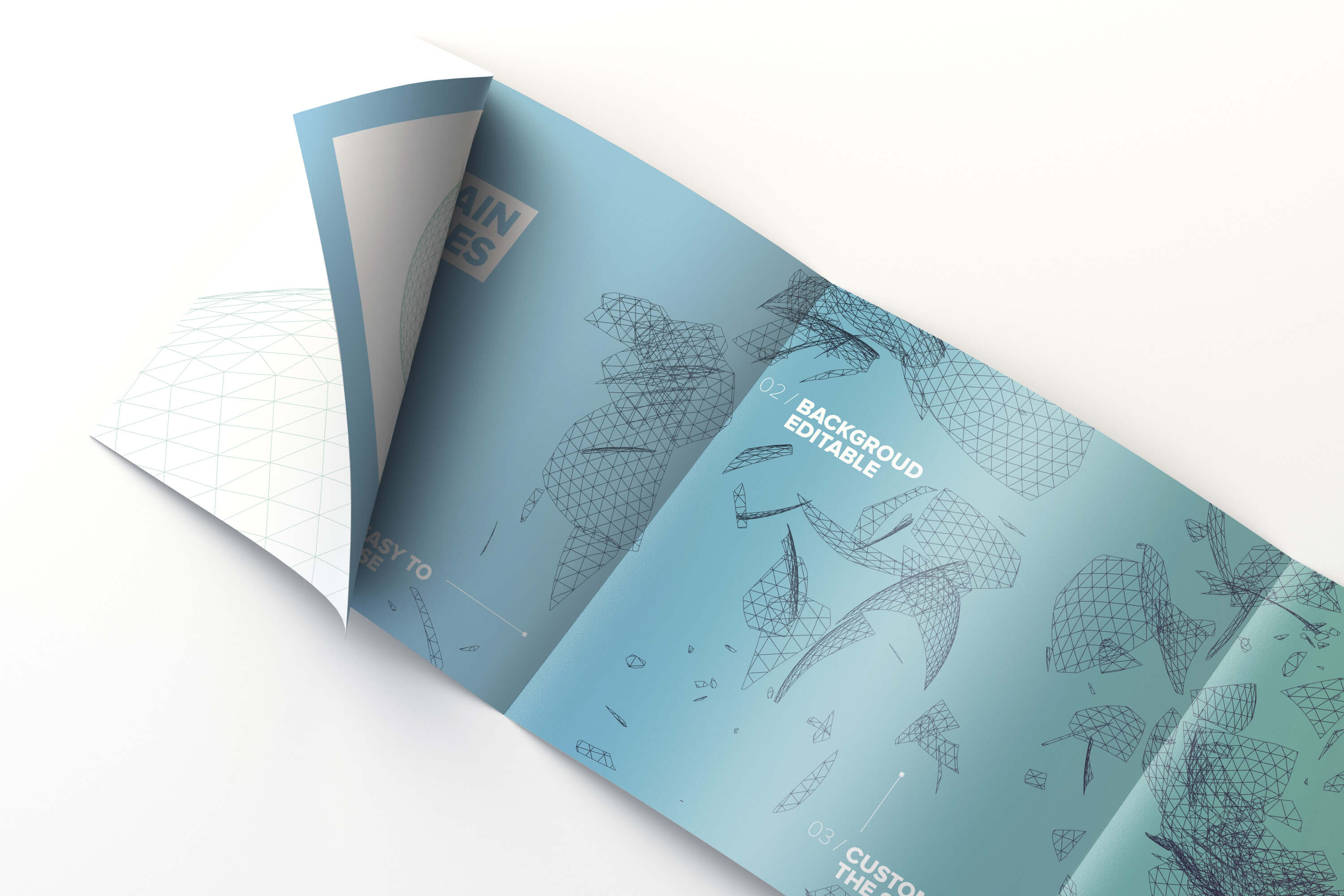 四折页设计小册子传单内页排版设计样机01 Inside Square 4-Fold Brochure Rolled Page Mockup 01