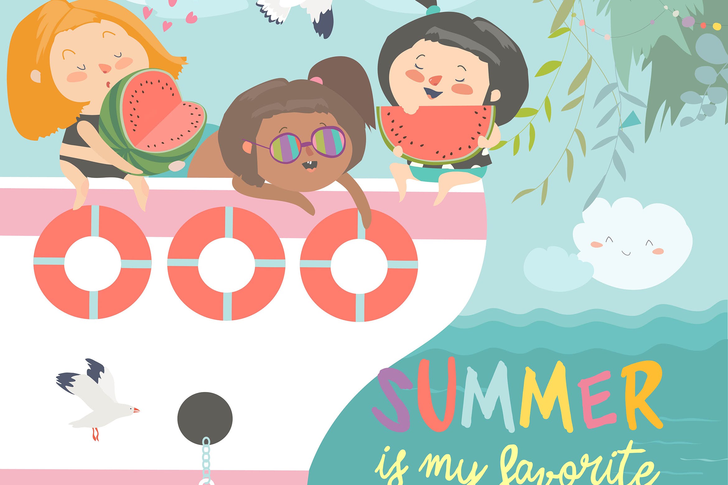 夏日卡通女童游艇场景矢量手绘插画素材 Cute happy girls resting and eating watermelon on