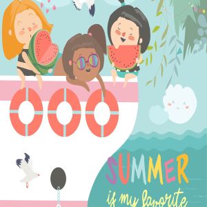 夏日卡通女童游艇场景矢量手绘插画素材 Cute happy girls resting and eating watermelon on