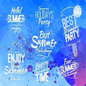 夏天夏日复古风格流行语文本插画 Summer retro set