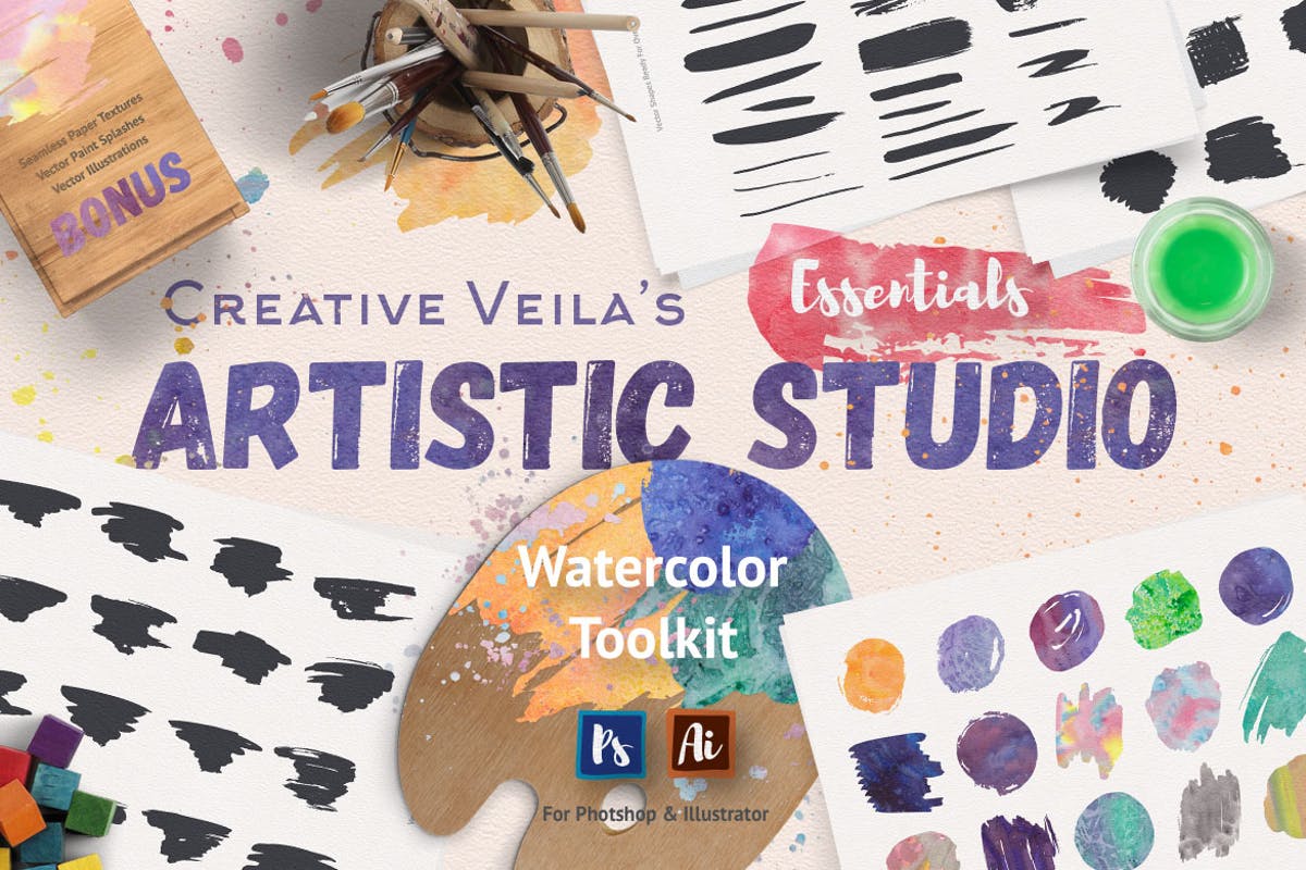 超级水彩绘画设计师工具包[ps水彩笔刷/样式/纹理] Artistic Studio: Watercolor Toolkit