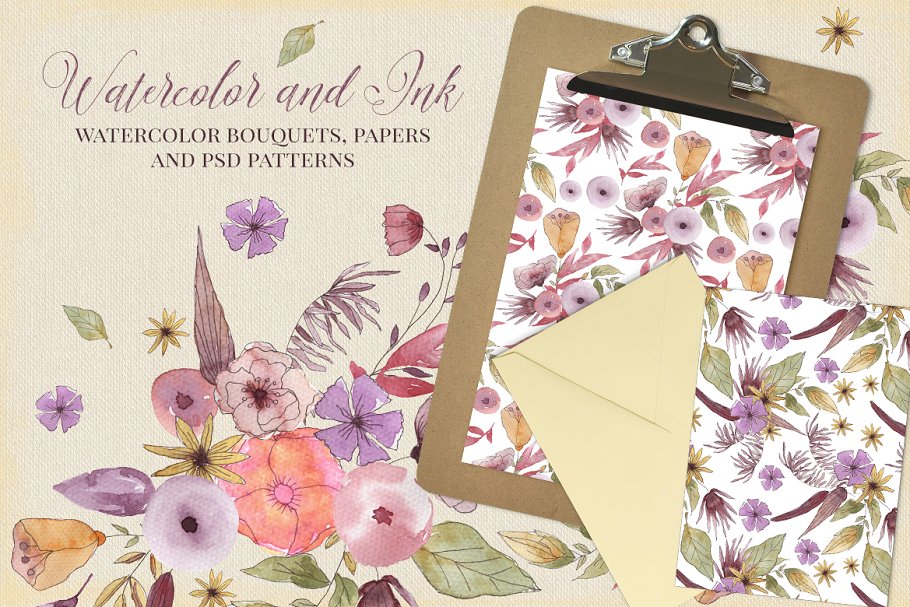 手绘水墨花卉剪贴画 Watercolor and Ink Flowers