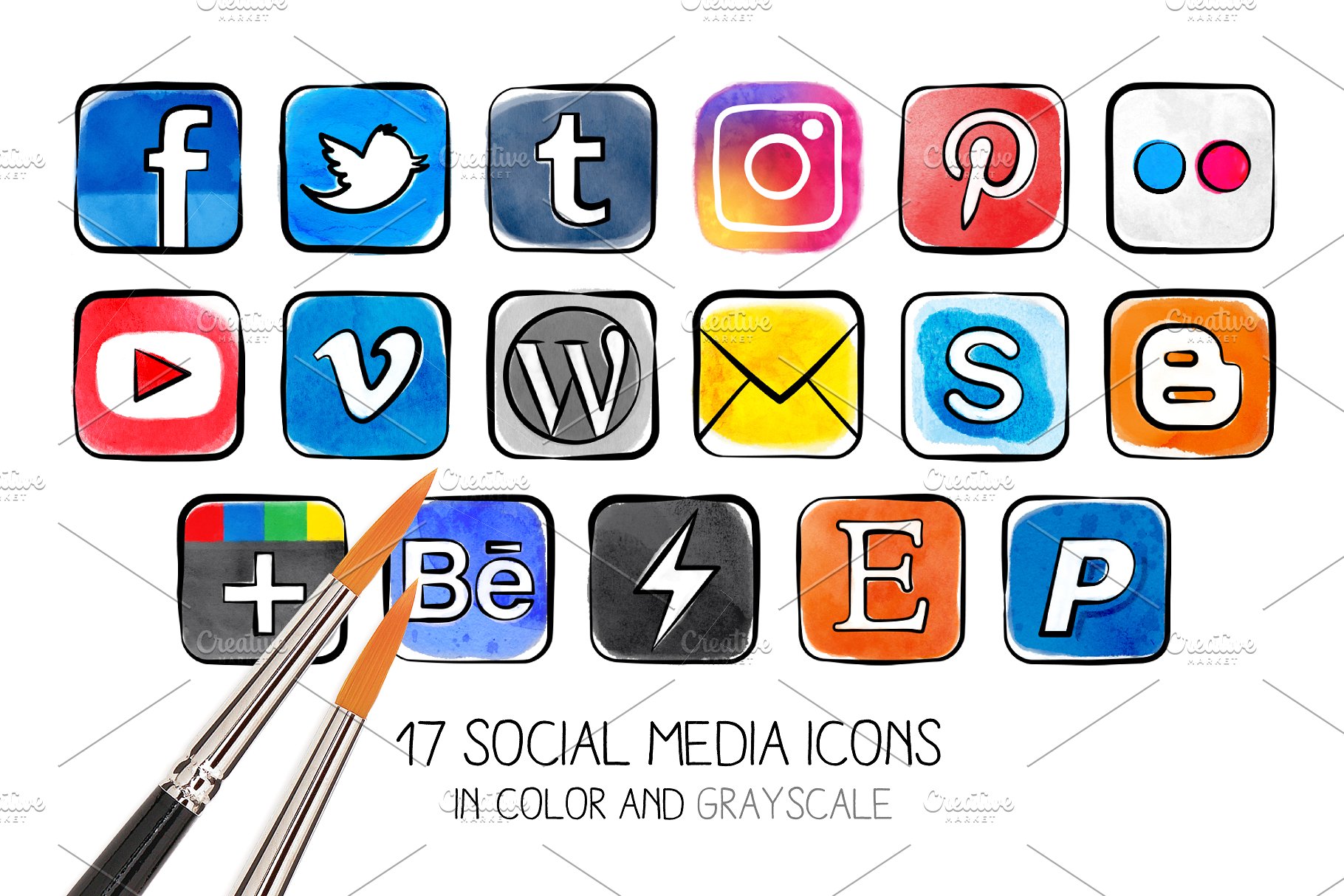 17种水彩效果社交媒体图标  Watercolor effect social media icons