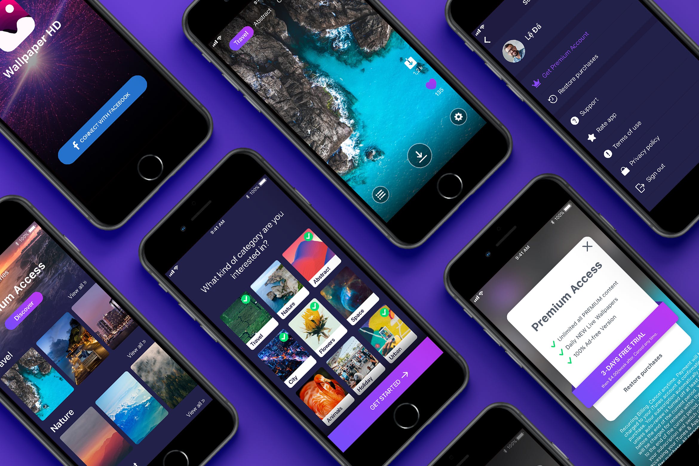 手机墙纸壁纸下载APP应用UI设计套件 Wallpaper HD Downloader mobile app UI Kit