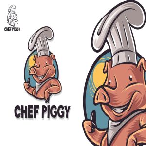 猪厨师卡通形象餐厅Logo设计模板 Chef Pig Mascot Logo插图1